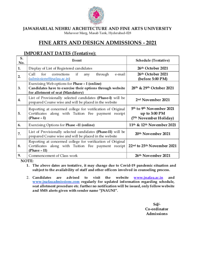 Schedule of Counseling (Important dates)